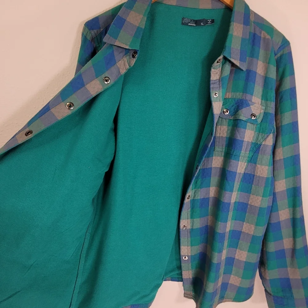 XL Prana Plaid Shacket 100% Organic Cotton Waffle Knit Lining Teal Green & Blue - Picture 9 of 16